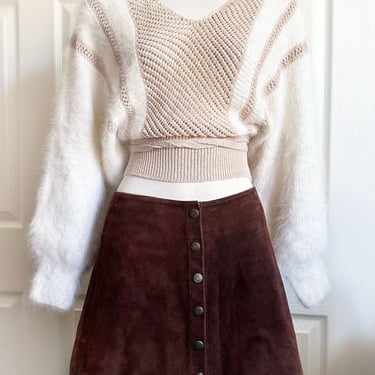 1960's Suede Leather Miniskirt Hippie Hiphuggers Brown Skirt Dress 1970's Boho Metal Snaps 