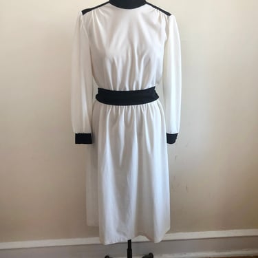 Cream and Black Colorblock Midi-Length Dress  with High Neck - 1980s 