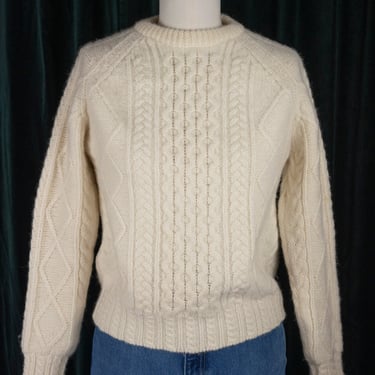 Vintage Susan Bristol Ivory Irish Wool Aran Fisherman Sweater Small 