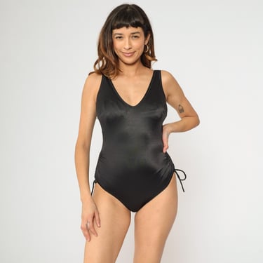Vintage 80s Black Shiny One Piece Swimsuit Deep V Neck Ruched Sides Low Back Bathing Suit 1980s Retro Low Cut Medium Large 12 