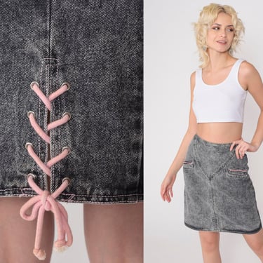 80s Acid Wash Jean Skirt Grey Lace Up Denim Mini Skirt Jeans High Waisted Skirt Retro Vintage 1980s Pencil Skirt Pink Corset Extra Small xs 