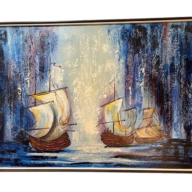 Large Midcentury Modern Oil Painting Depicting Ships at Sea Signed Val