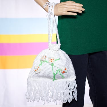 Vintage White Crochet Handbag with Flowers and Fringe 