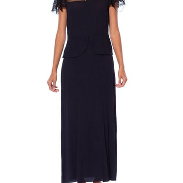 1930S Black Silk Crepe Jacquard Dress With Sheer Net Yoke  Lace Ruffle Sleeves 