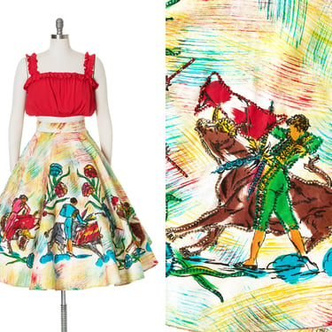 Vintage 1950s Circle Skirt | 50s Mexican Hand Painted Sequined Cotton Novelty Print Bull Fighter Tourist Souvenir Skirt w/ Pockets (medium) 