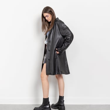 BLACK LEATHER TRENCH Vintage Midi Jacket Coat Blazer Woman 90's Oversize / Medium Large 