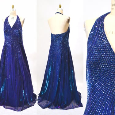 90s 2000s Vintage Blue Purple Metallic Beaded Dress Evening Gown Large XL // Blue Purple Metallic Beaded Halter Neck Prom Party Dress Large 