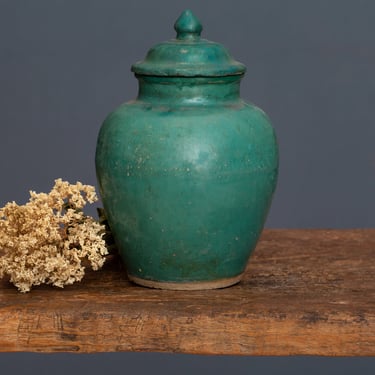 19th Century Blue/Green Glazed Borneo Storage Jar with Lid