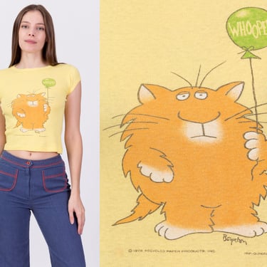 70s "Whoopee!" Cat Cartoon Crop Top Tee - Extra Small | Vintage Sandra Boynton Yellow Graphic Cropped T Shirt 