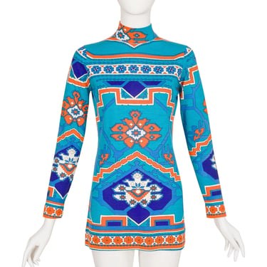 Leonard 1970s Vintage Geometric Print Blue Wool Jersey Knit Tunic 