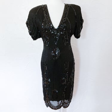 80s Sequined Beaded Floral Dress with Cut-Out Back | Medium 