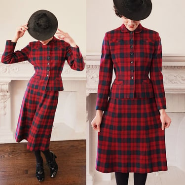 40s 50s Red Plaid Skirt Suit Best  and  Co. by Bardley Lindsay Tartan Small 