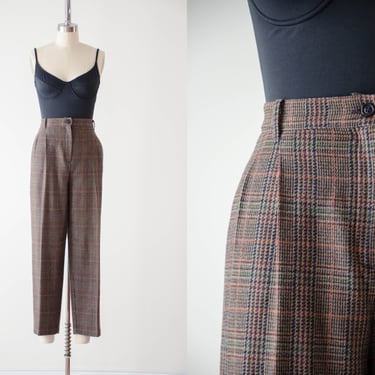 high waisted pants | 80s 90s vintage brown green burgundy wool plaid checkered pleated dark academia trousers 