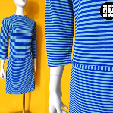 Iconic Twiggy Style Vintage 60s Blue Stripe Mod Dress 