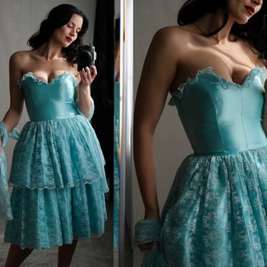 Vintage 50s Baby Blue Satin Strapless Party Dress w/ Tiered Floral Lace Skirt & Matching Sash | New Look, Formal, Prom | 1950s Evening Dress 