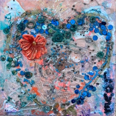 Mix Media Textured Heart Painting ~ Heart Love Artwork Original Painting ~ Floral Art Mix Media On Canvas ~ Vintage Jewelry Art On Canvas 