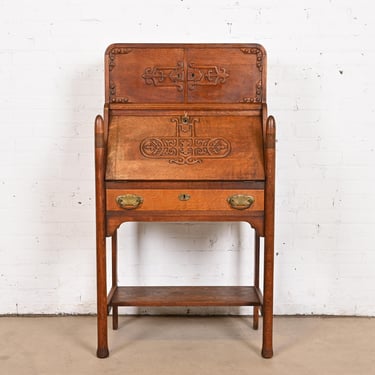 R. J. Horner Style Antique Victorian Carved Oak Slant Front Secretary Desk, Circa 1890s