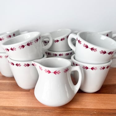 Vintage Red Leaf Vintage Coffee Cups and Creamer Pitcher.  Red and White Railroad Restaurant Ware Dishes. 