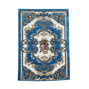 Rectangular Royal Blue Rose Floral Motif Graphic Wool Rug Carpet cs7547E 