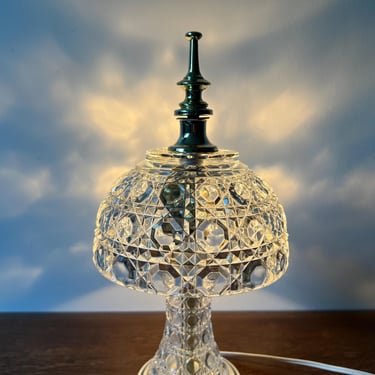 Vintage Checkered Heavy Cut Crystal Boudoir Accent Table Lamp | French Decor Night Light Antique Style | Romantic Fairy Tale Mood | UL 