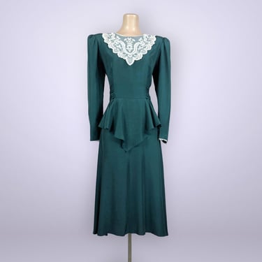 VINTAGE 1980s Dawn Joy Peplum Dress | Lace Collar | Dark Green Rayon | 80s Does 40s | Old Hollywood Style | VFG 