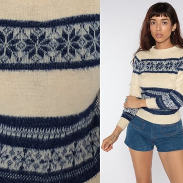 70s Sweater Fair Isle Snowflake Sweater Knit Cream Bohemian Hippie Pullover Vintage Boho Jumper Extra Small xs 