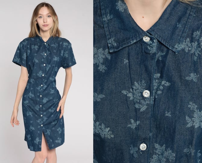 Floral Chambray Dress Y2K Mini Dress Shirtdress Dark Blue Button Up Dress 00s Short Sleeve Vintage Collared Shift Extra Large xl 