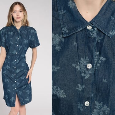 Floral Chambray Dress Y2K Mini Dress Shirtdress Dark Blue Button Up Dress 00s Short Sleeve Vintage Collared Shift Extra Large xl 