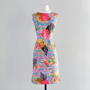 Gorgeous 1960's Painted Floral Hawaiian Shift Dress  / Sz M