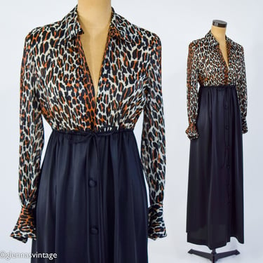 1970s Black & Leopard Print Nightgown | 70s Animal Print Nightgown | Vanity Fair 