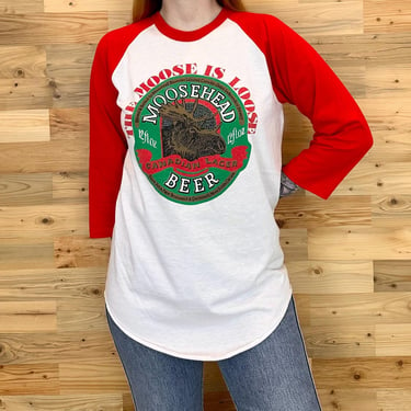 80's Moosehead Beer ' The Moose is Loose ' Frugal MacDoogal's Nashville Raglan Tee Shirt T-Shirt 