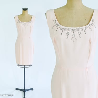 1960s Pink Rhinestone Sleeveless Dress | 60s Pink Sleeveless Sheath Dress | Carobin Originals | Medium 