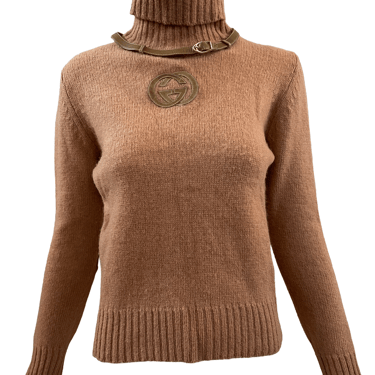 Gucci 70s Caramel Colored Logo Wool Turtleneck Sweater