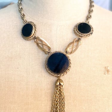 1940s Brass & Onyx Necklace | 1930s Black Onyx Pendant Necklace 