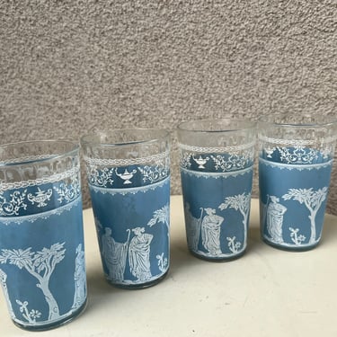 Vintage set 4 tumbler glasses Grecian blue theme by Jeannette glassware. Holds 10 oz size 5” 