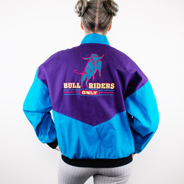 90s Vintage Color Blocked Thick Cotton Jacket - Purple / Teal - Bull Riders Only Embroidery - Western Jacket - Bee Wild - L 