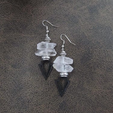 Raw quartz crystal earrings, clear and black 