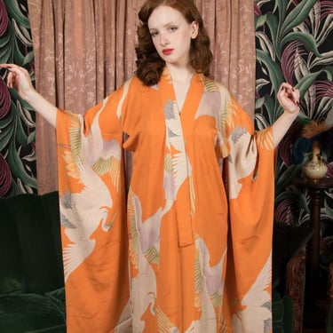 1950s Kimono - Gorgeous Vintage Silk Brocade Kimono c. 1950s with Elegant Crane Print on Tangerine Orange 
