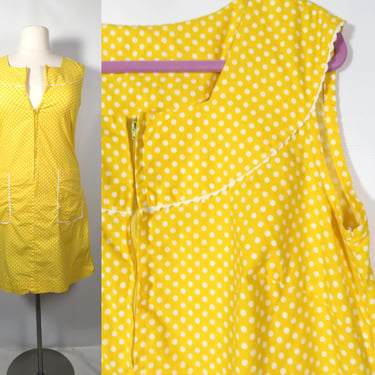 Vintage 70s Plus Size Cotton Yellow Polka Dot Zip Front House Dress Size XL 