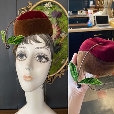 Velvet cherry hat, vintage millinery, fascinator, novelty hat, custom, statement, avant-garde, fruit hat 