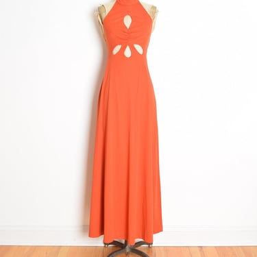 vintage 70s dress disco maxi orange cutout long party dress mod XS clothing 