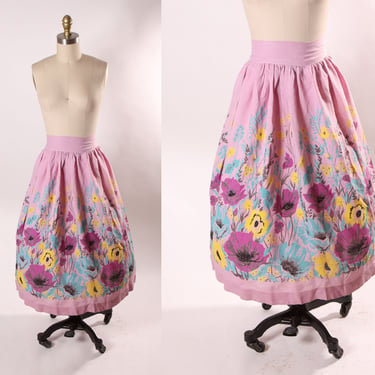 1950s Light Purple, Yellow and Turquoise Blue Floral Flower Border Novelty Print Skirt 