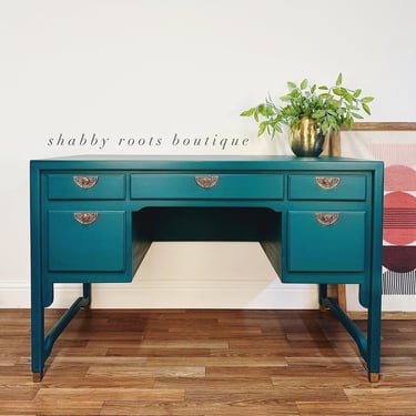 NEW! Gorgeous Mid Century Modern Vintage Chinoiserie style Desk In Turquoise blue green •Vanity, Receptionist or Writing •San Francisco CA by Shab