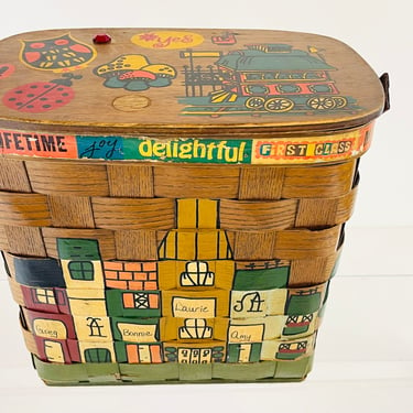 Vintage 1960s Retro Hippie Caro Nan Wood Handle Basket Purse Groovy Owl Mushrooms Hand Painted Florida 