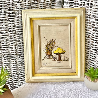 Mushrooms Painting, Glass Art, Vintage Hand Painted Decor, Wall Hanging, Wood Frame, Bright Colors 