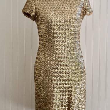 1950s, 1960s - Gold Sequin Wiggle Dress - by Sandra Sage - Mid Century Mod - Gold Cocktail Dress 