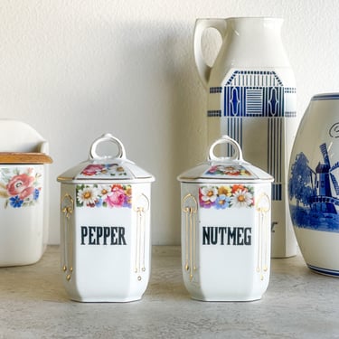 Antique Floral Stencil Czech Spice Jars | Blue + White Kitchen | Antique European | Modern Farmhouse | Spice Jars Shaker | Pepper Nutmeg 