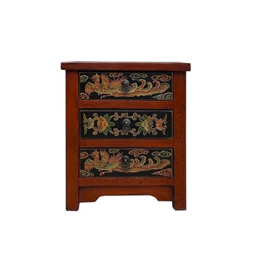 Distressed Brick Red Bird Dragon Graphic 3 Drawers End Table Nightstand cs7602E 