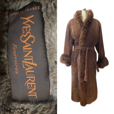 80s YVES SAINT LAURENT Fox Fur Suede coat size L, Women's vintage 1980s designer sheared fur lined maxi coat, tie jacket duster Fourrures 