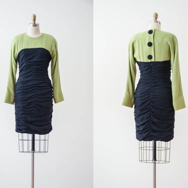 green wool dress | 80s 90s vintage Nipon Boutique lime green navy ruched wool bodycon long sleeve cocktail party mini dress 